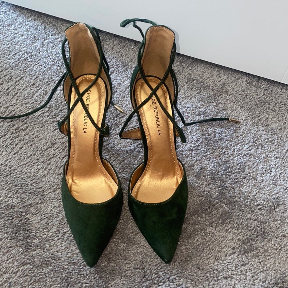 Green & gold suede heels